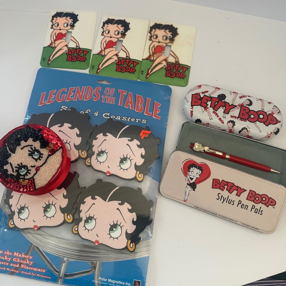 Vintage Betty Boop Collectibles Lot Pen in Tin Coasters Case Switch Covers Box